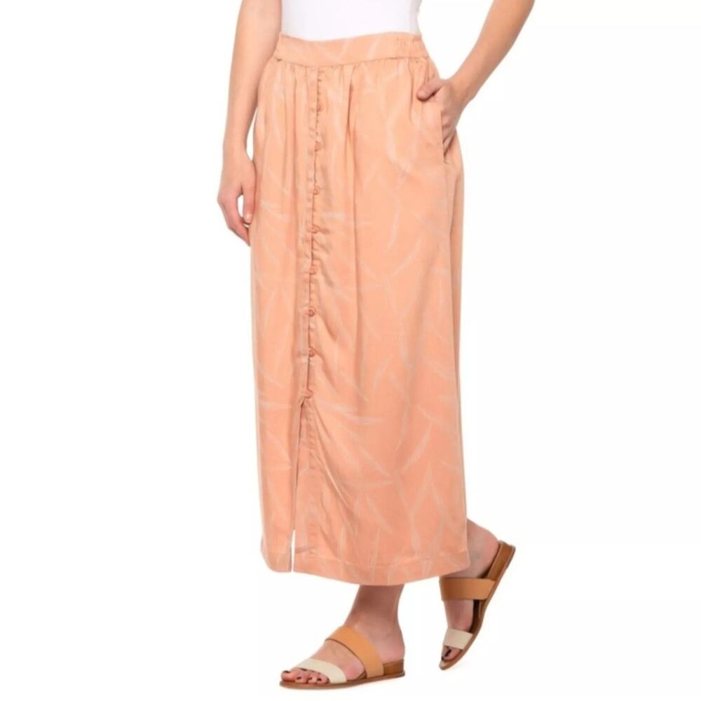 prAna Swift Lake Button Front Midi Skirt Size S Leaf Print Powder Pink Elastic